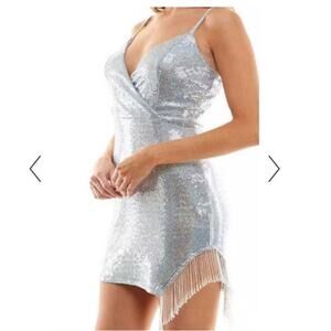 SPEECHLESS Shimmer Blue Silver Sequin Prom Homco Dress Beaded Fringe‎ Medium NWT